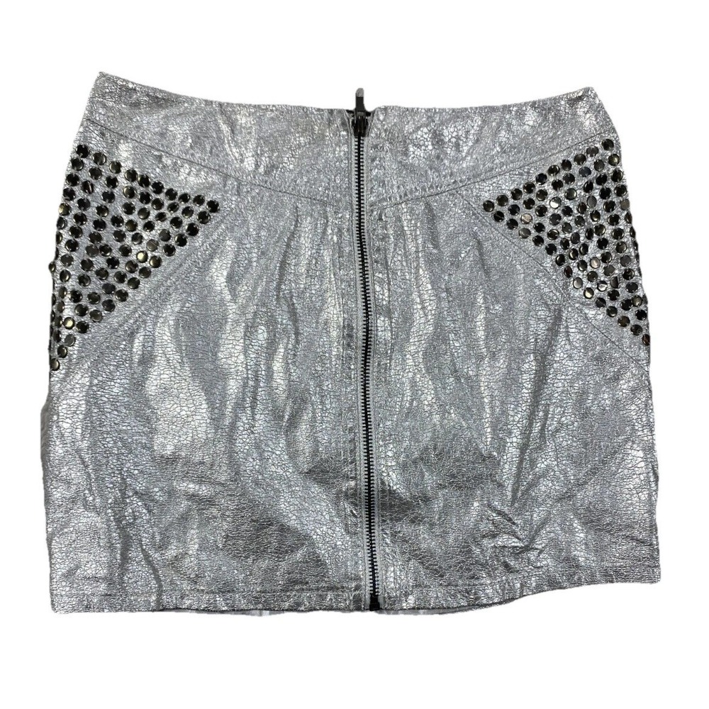 Mustard Seed Mini Skirt Womens Small Silver Faux Leather Studded Party Zip Front